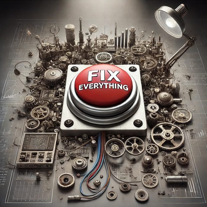 An AI generated image of a big red button fixing everything in an article which says that AI cannot completely fix our communication