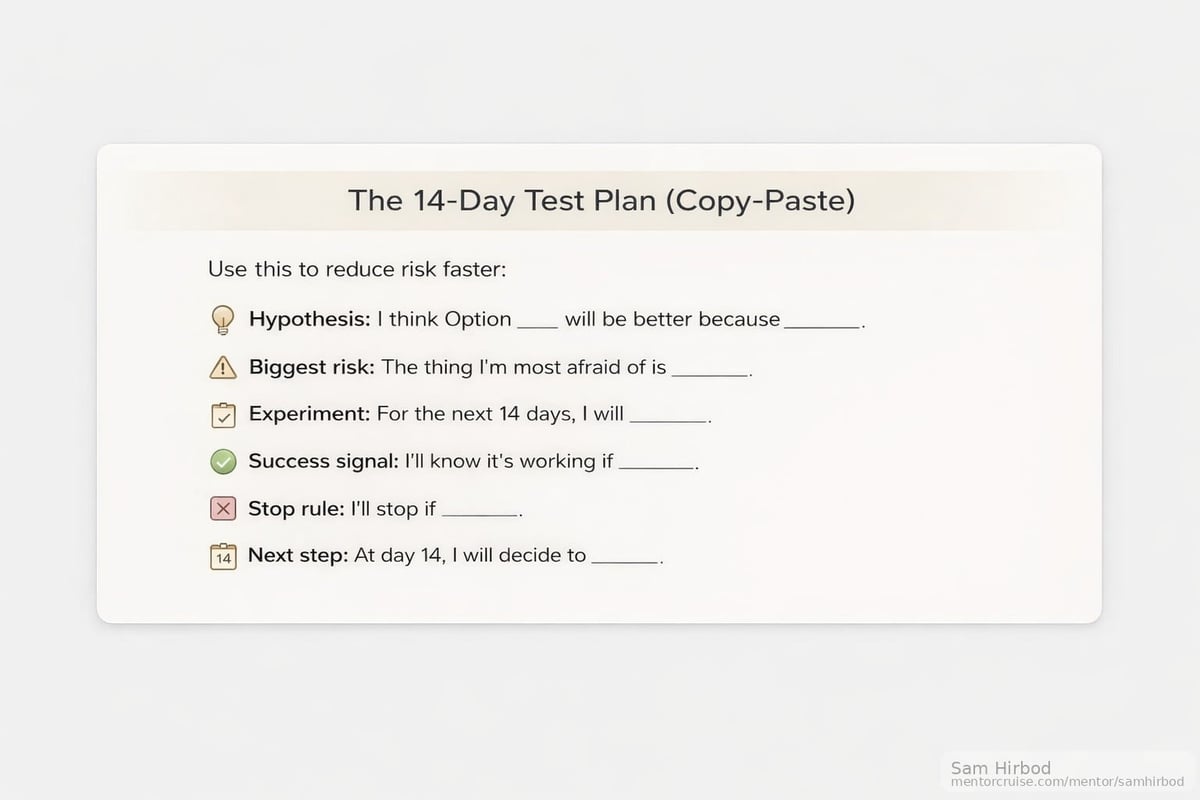 The 14-Day Test Plan: a copy-paste template to reduce risk by testing your decision before you fully commit.