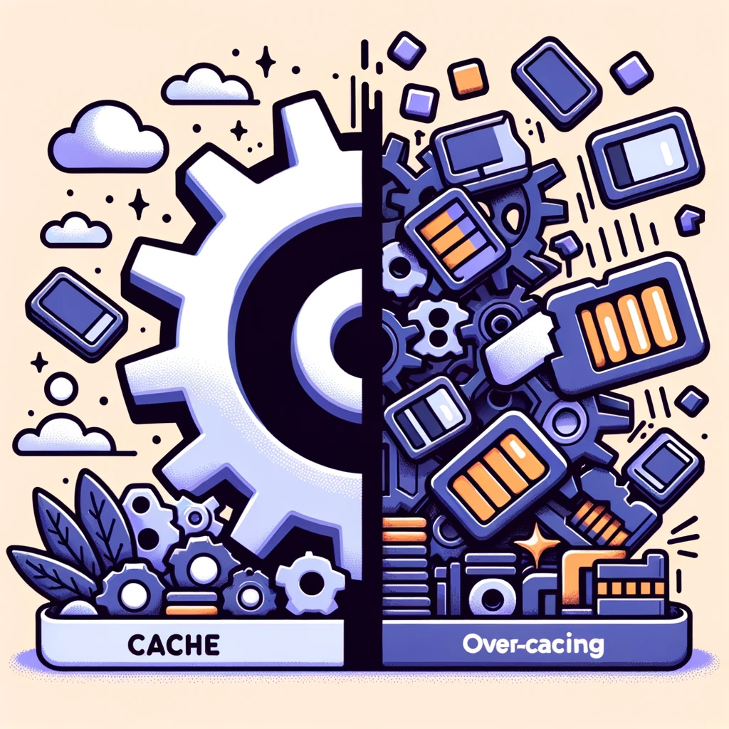Illustration of a split scene: one side shows a fast-reacting gear mechanism, symbolizing the benefits of caching with React symbols; the other side depicts a heavy, overflowing memory card, representing the downside of over-caching.