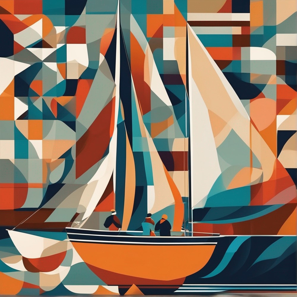 Abstract art representing a boat with two crew members and a captain.