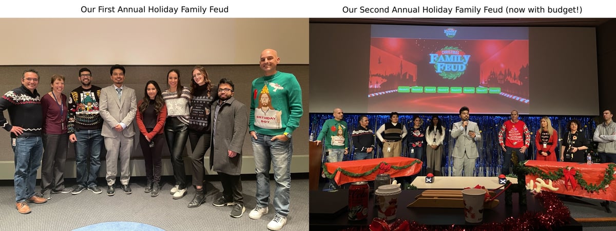 Comparing our annual Holiday Family Feud event the first year versus its second. It's hard not to notice the upgrade!