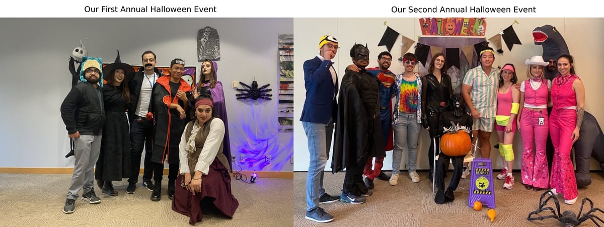 Our first versus second annual Halloween event. The team grew—and so did our holiday inventory!