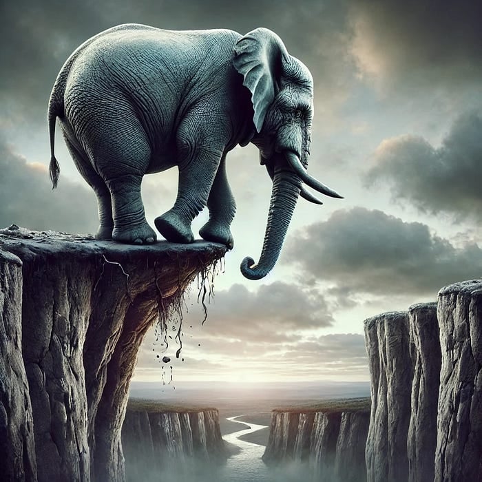 An AI generated image of an overconfident elephant in an article which talks about the pitfalls of using AI confidently