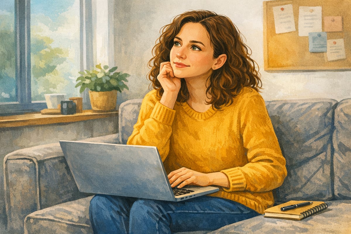 Person sitting thoughtfully with a laptop, representing reflection about career direction.