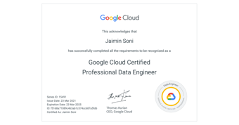 Link: Professional Data Engineer • Jaimin Soni • Google Cloud