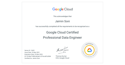 Link: Professional Data Engineer • Jaimin Soni • Google Cloud